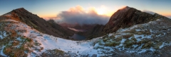 Panoramic landscape photography/ Crib Goch Carnedd Ungain Snowdon Lliwedd Snowdonia Wales at Winter sunrise panorama landscape photography prints for sale