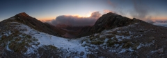 Panoramic landscape photography/Snowdon summit at Winter sunrise Snowdonia North Wales UK