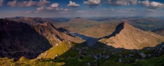 Panoramic landscape photography/ Crib Goch Carnedd Ungain Snowdon Lliwedd Snowdonia Wales at summer sunset panorama landscape photography prints for sale