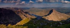 Panoramic landscape photography/ Crib Goch Carnedd Ungain Snowdon Lliwedd Snowdonia Wales at summer sunset panorama landscape photography prints for sale