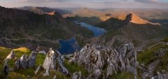 Panoramic landscape photography/ Crib Goch Carnedd Ungain Snowdon Lliwedd Snowdonia Wales at summer sunset panorama landscape photography prints for sale