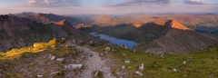 Panoramic landscape photography/ Crib Goch Carnedd Ungain Snowdon Lliwedd Snowdonia Wales at summer sunset panorama landscape photography prints for sale