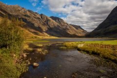 Loch Achtriochtan at autumn sunrise with our canvas prints. Shop unique wall art inspired by the stunning landscapes of the Scottish Highlands.