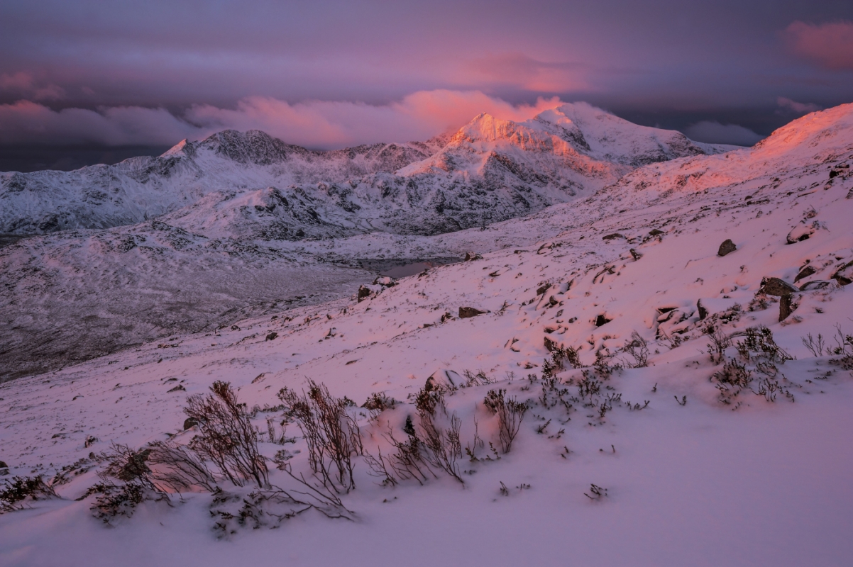 Snowdonia North Wales Landscape Photography/First light Snowdon summit sunrise at snowy Winter