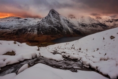 Wales Landscape Photography/Tryfan and Llyn Ogwen Winter snowy sunset Snowdonia North Wales UK